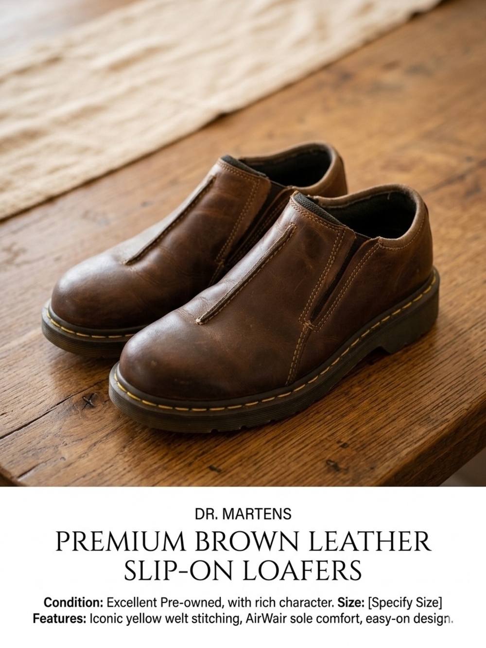 Dr. Martens Brown Leather Slip-On Loafers with Yellow Stitching Size 9.5 - 10